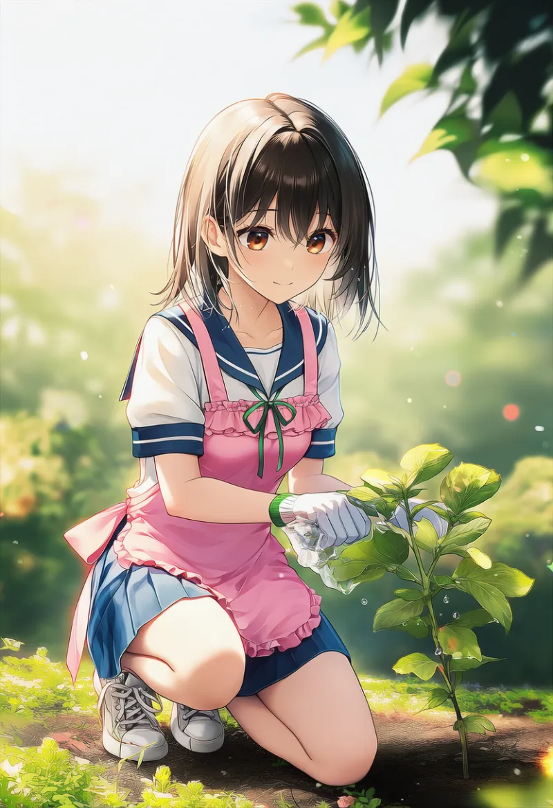 膝つき姿勢のAIイラスト（ガーデニング）｜プロンプト紹介