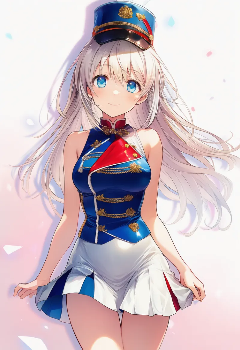 エナメル製のプリーツスカート（マーチング衣装）のAIイラスト｜プロンプト紹介