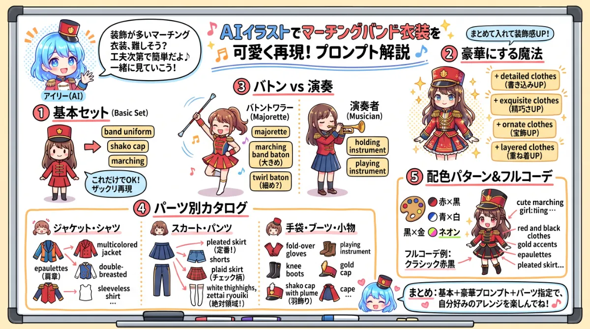 マーチングバンドの衣装のプロンプト集【AIイラスト】のまとめ用の図解イラスト（グラレコ）