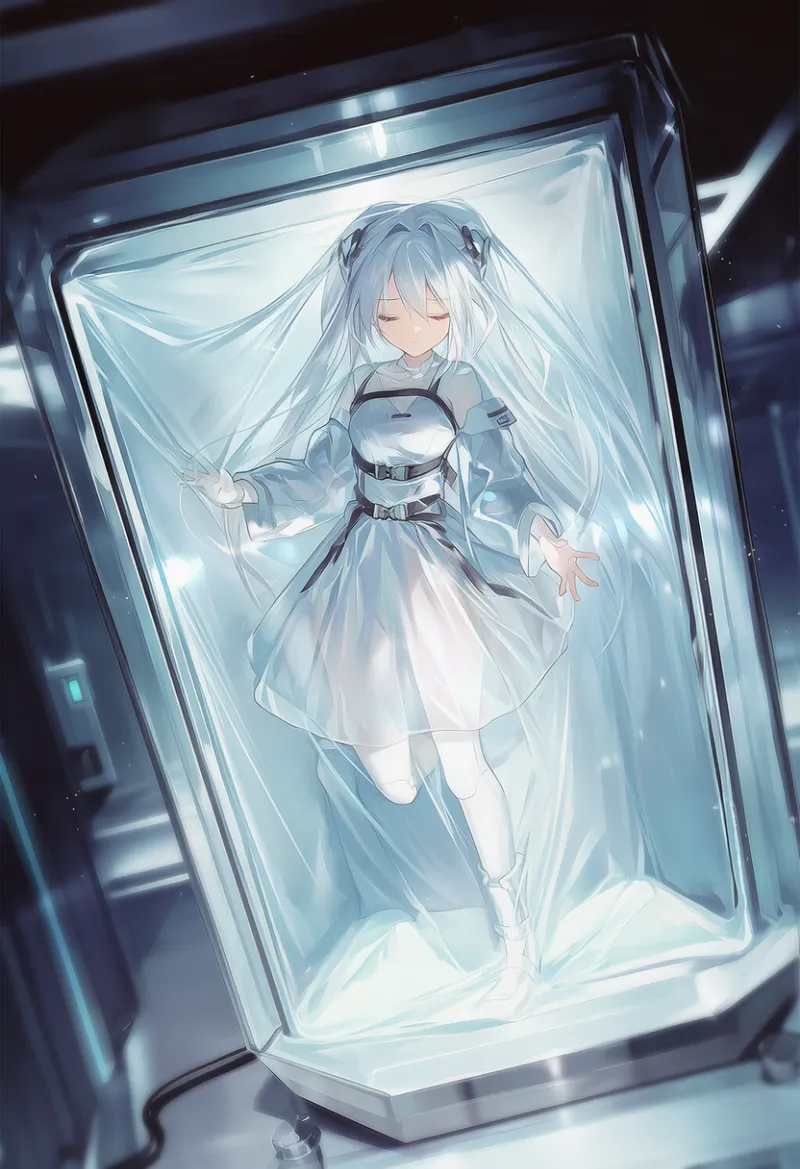 真空キューブに閉じ込められるシーンのAIイラスト作例｜プロンプト紹介