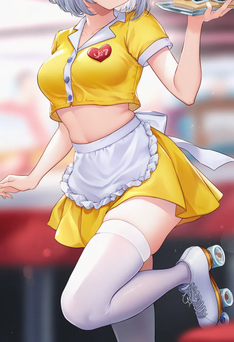 お腹やニーハイからはみ出た、ぷにっとした横肉を再現したAIイラスト（ダイナー衣装）｜プロンプト紹介