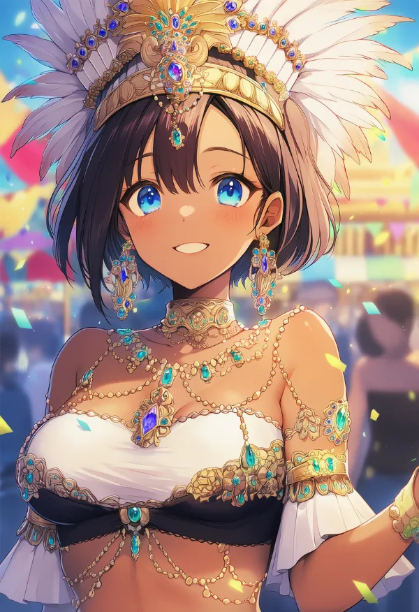 重ね付けした金のジュエリーのAIイラスト（サンバ衣装）｜プロンプト紹介
