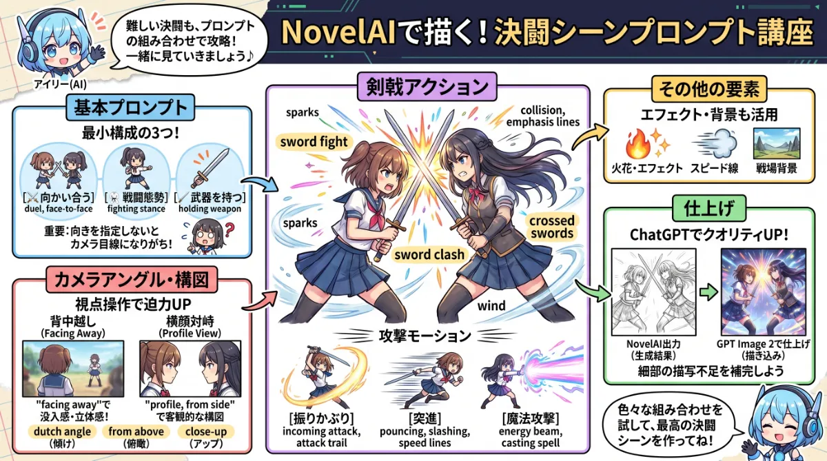 決闘シーンを再現するプロンプト集【NovelAI】のまとめ用の図解イラスト（グラレコ）