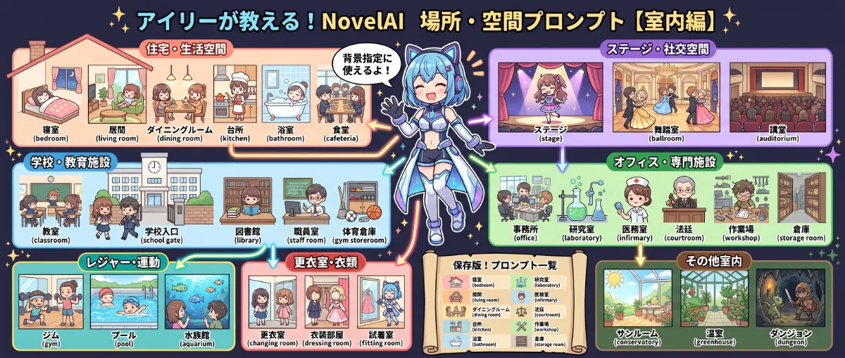 室内・建物内部編｜NovelAI用の場所・空間プロンプトまとめ用の図解イラスト