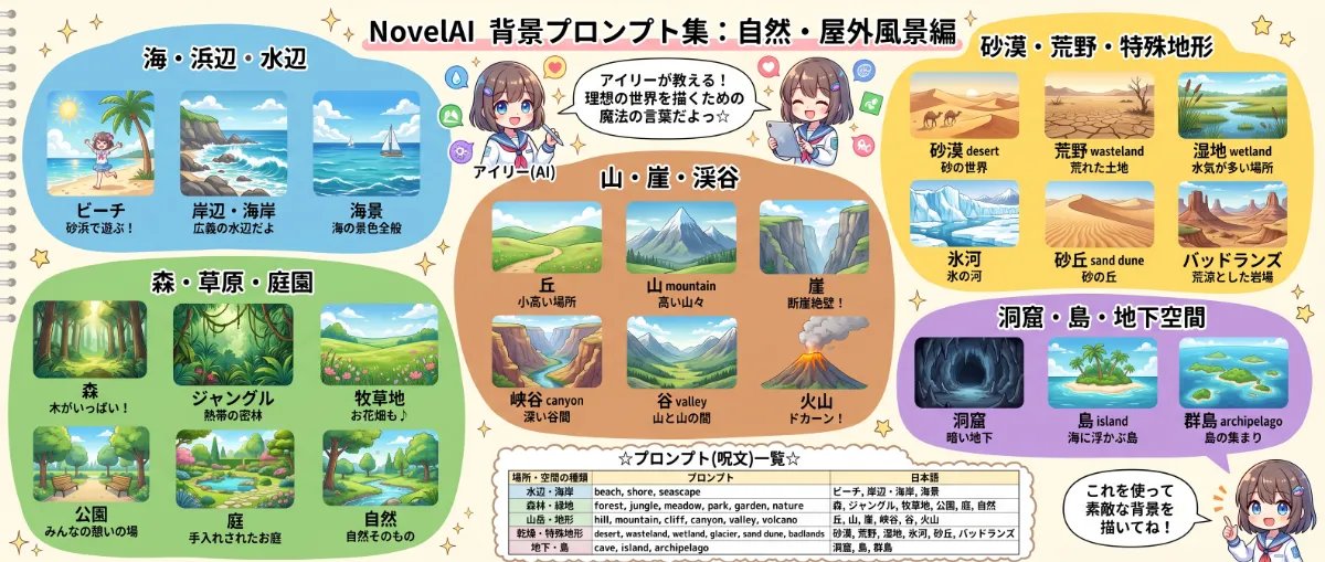 自然・屋外風景編｜NovelAI用の場所・空間プロンプトまとめ用の図解イラスト