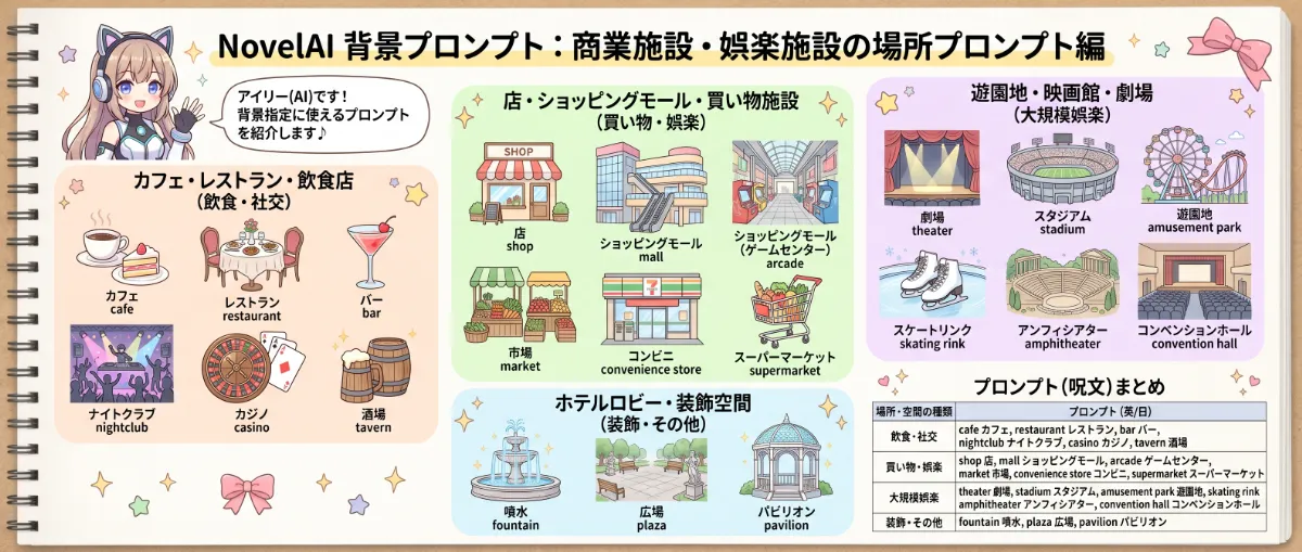 商業施設・娯楽施設編｜NovelAI用の場所・空間プロンプトまとめ用の図解イラスト
