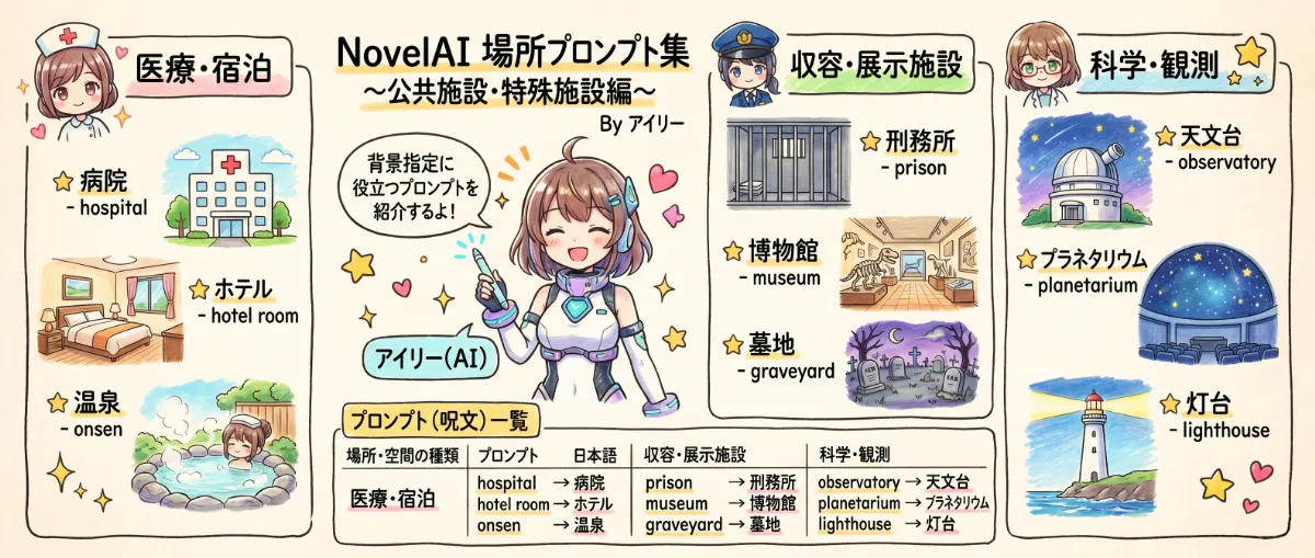 公共施設・特殊施設編｜NovelAI用の場所・空間プロンプトまとめ用の図解イラスト