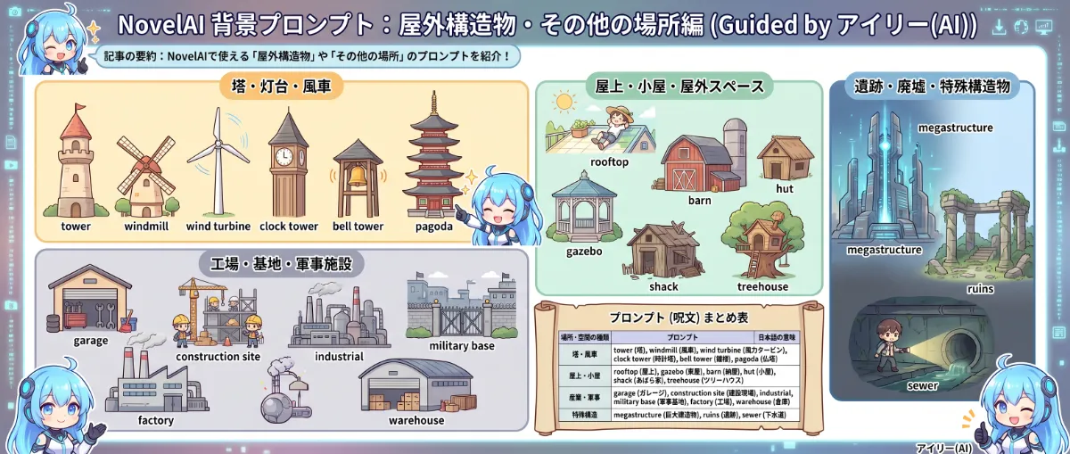 屋外構造物・その他の場所編｜NovelAI用の場所・空間プロンプトまとめ用の図解イラスト