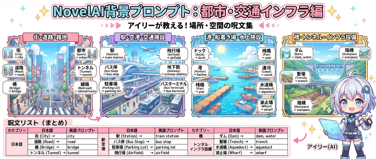 都市・交通インフラ編｜NovelAI用の場所・空間プロンプトまとめ用の図解イラスト