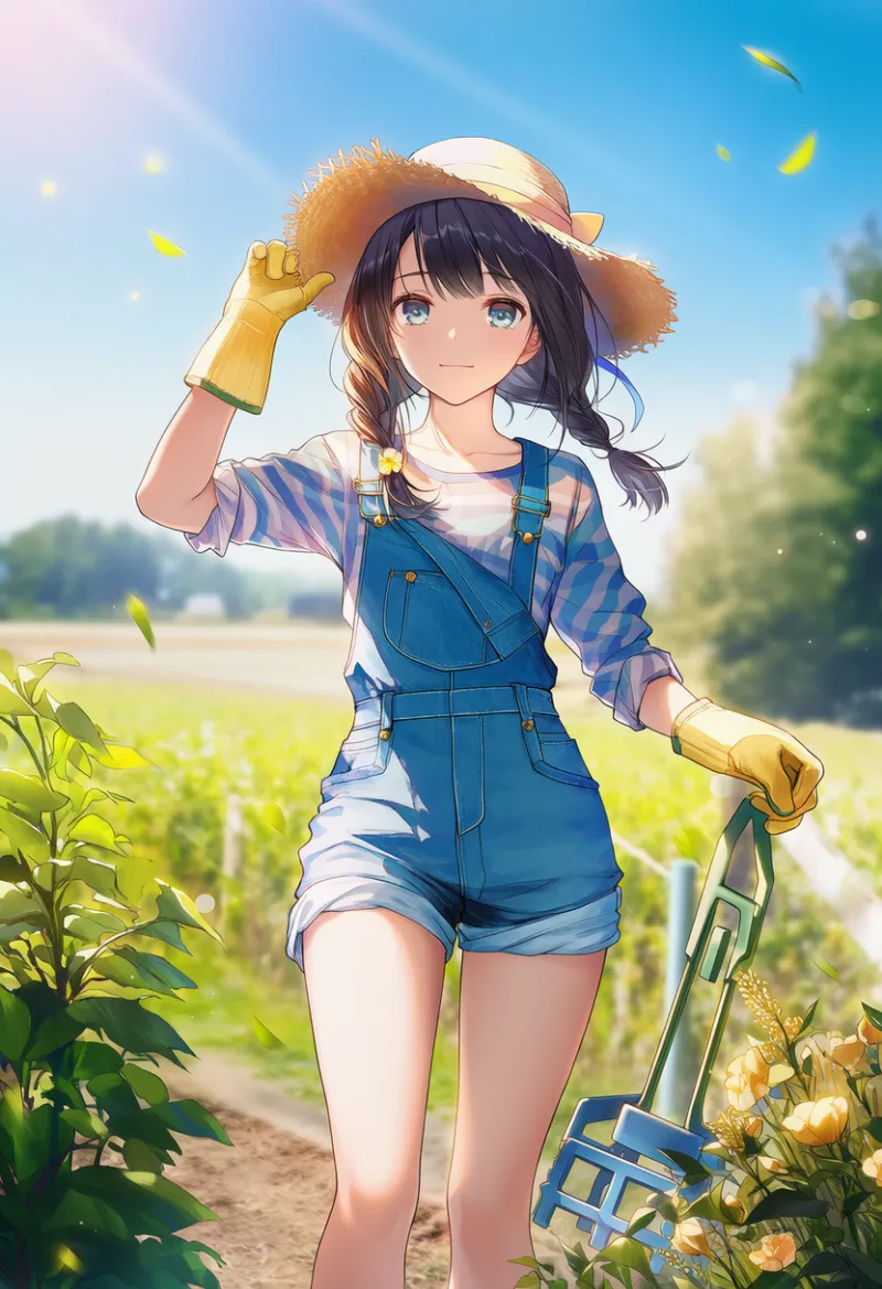 ロールアップしたオーバーオールのAIイラスト（園芸用の服装）｜プロンプト紹介