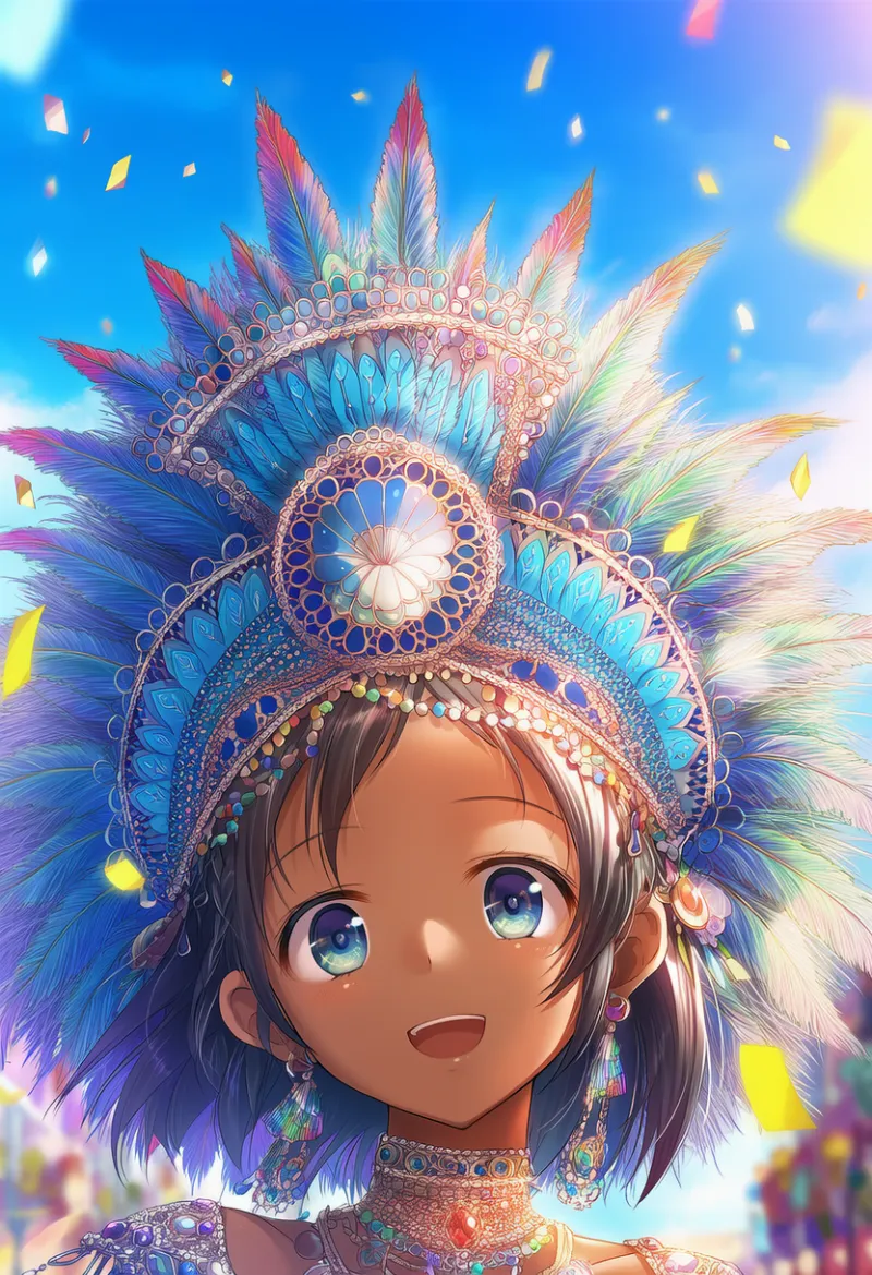 孔雀の羽の髪飾りのAIイラスト（サンバ衣装）｜プロンプト紹介