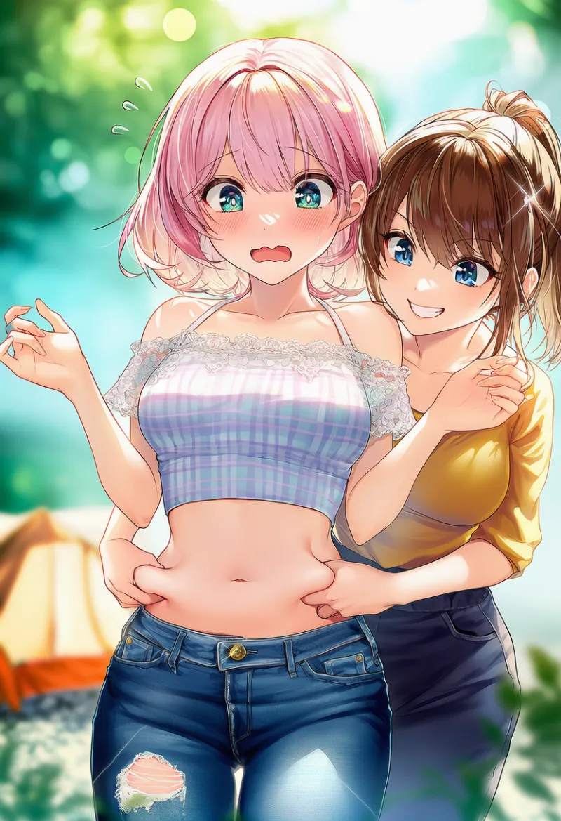 他人のお腹をつねるポーズのAIイラスト｜プロンプト紹介