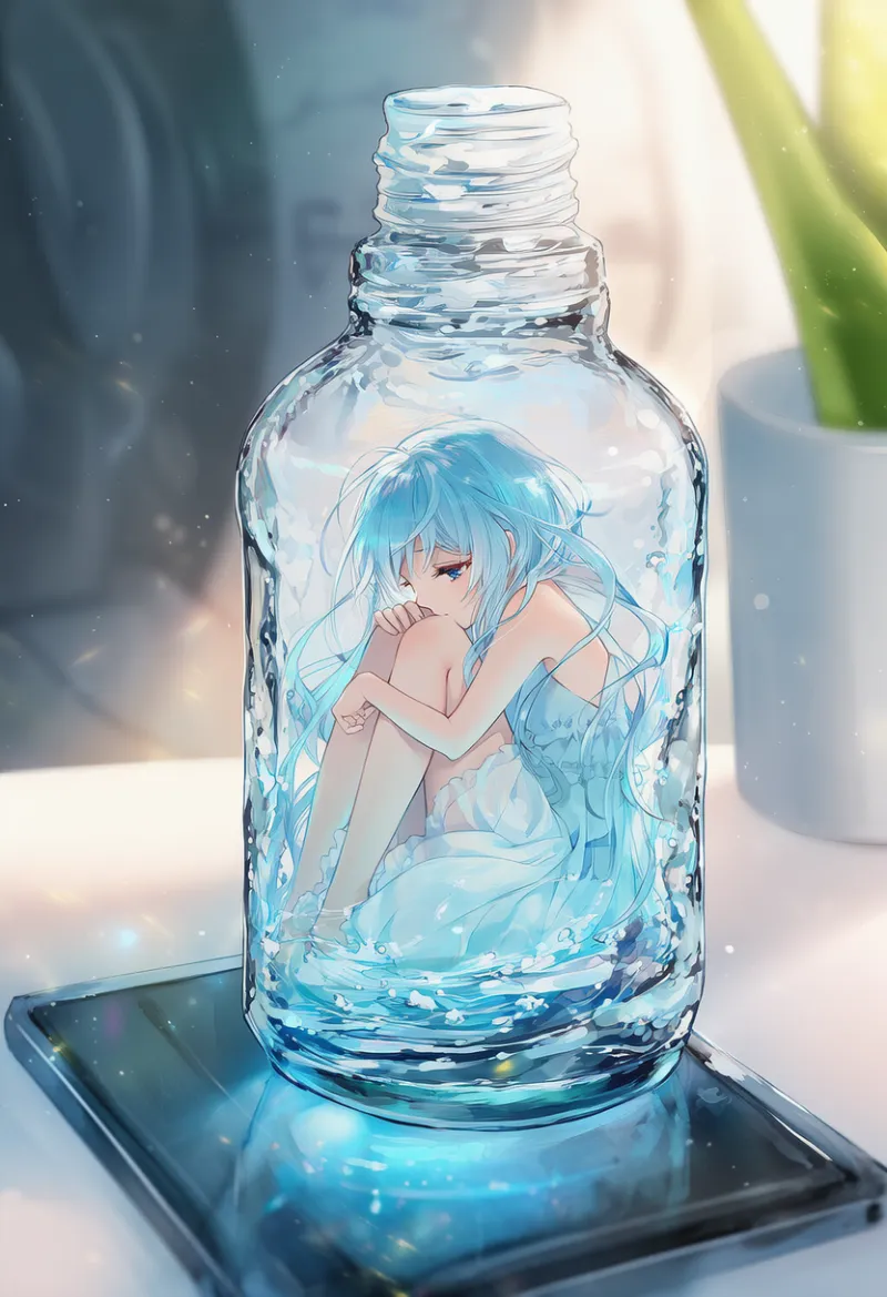 ペットボトルの中に閉じ込められるシーンのAIイラスト｜プロンプト紹介