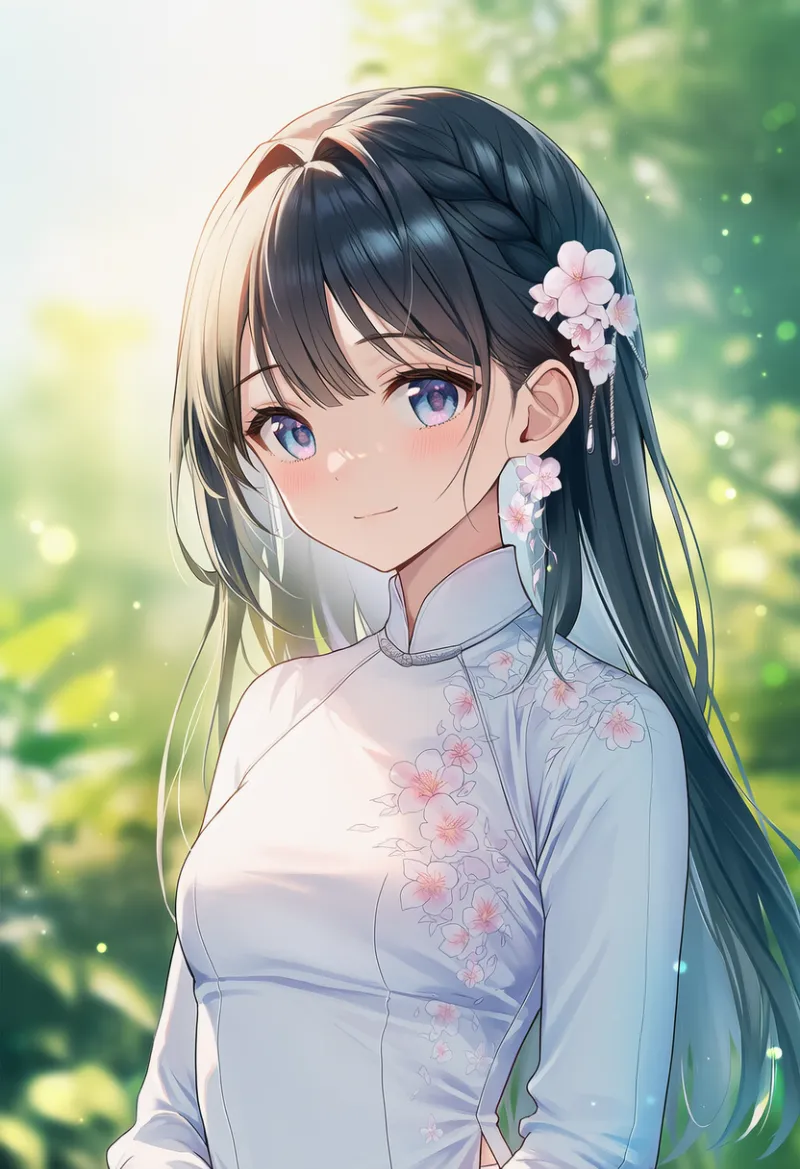 梅の花柄のアオザイのAIイラスト｜プロンプト紹介