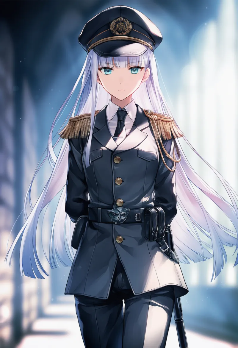 看守の服（制帽・ジャケット・肩章・ベルト・ホルスターなど）を着た美少女のAIイラスト｜プロンプト紹介