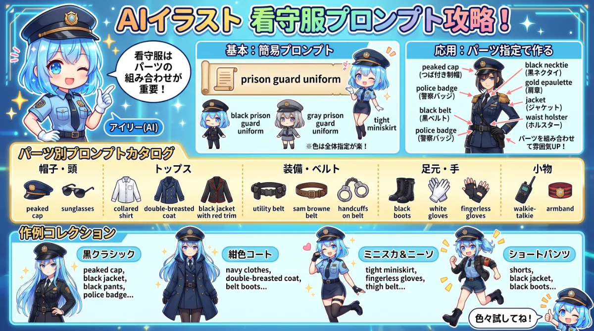 看守の服のプロンプト集【AIイラスト】のまとめ用の図解イラスト（グラレコ）