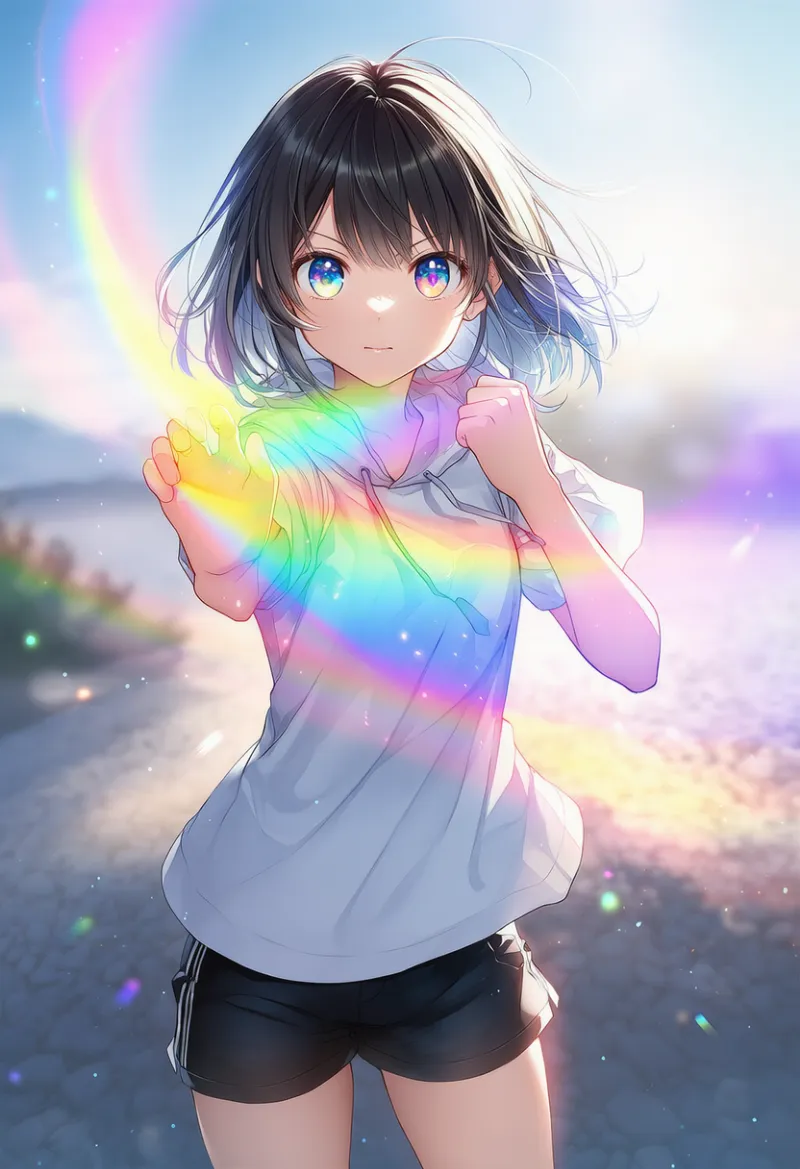 虹色のオーラのエフェクトを再現したAIイラスト｜プロンプト紹介