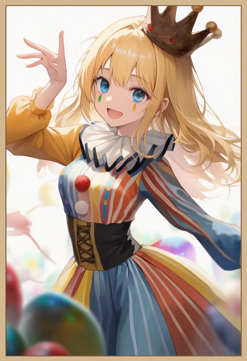 虹柄の服のAIイラスト（ピエロ服用）｜プロンプト紹介