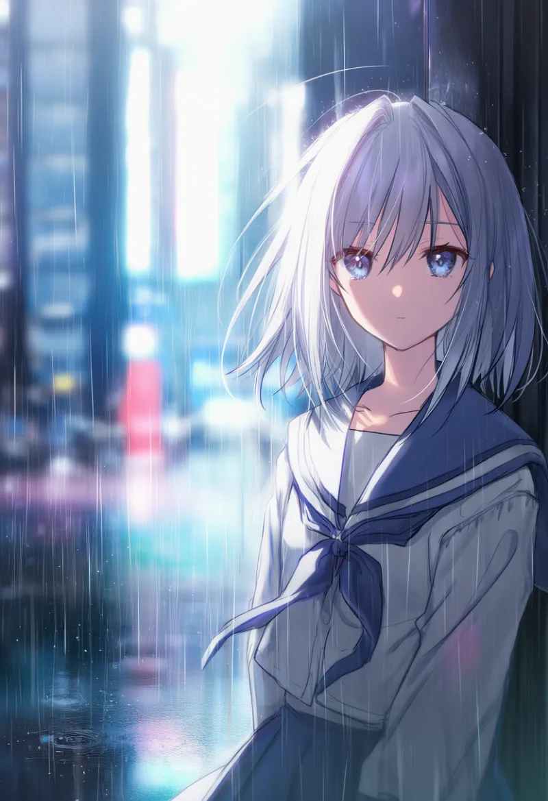 雨が降る都市のAIイラスト