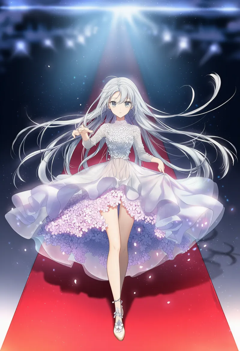 赤いカーペットのAIイラスト｜ファッションショー・ランウェイのプロンプト紹介