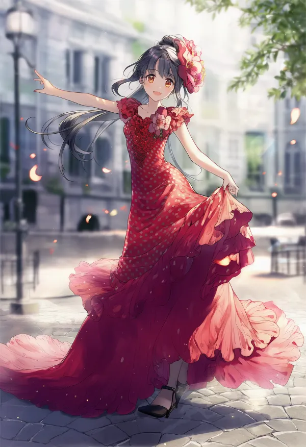 水玉模様の赤色ドレスのAIイラスト（フラメンコ用）｜プロンプト紹介