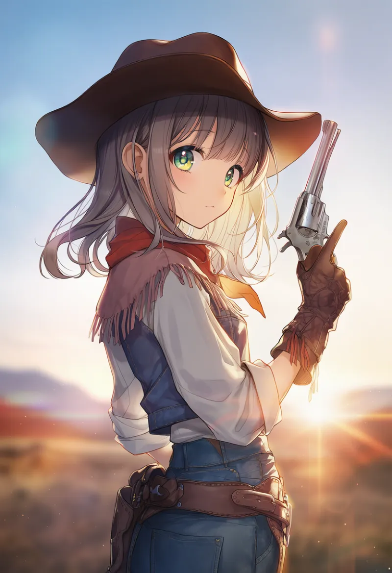 リボルバー拳銃のAIイラスト（カウボーイ衣装）｜プロンプト紹介