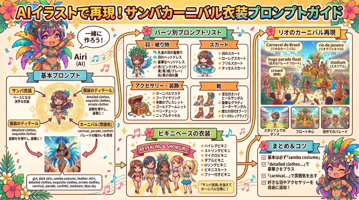 サンバ・カーニバル衣装のプロンプト集【AIイラスト】のまとめ用の図解イラスト（グラレコ）