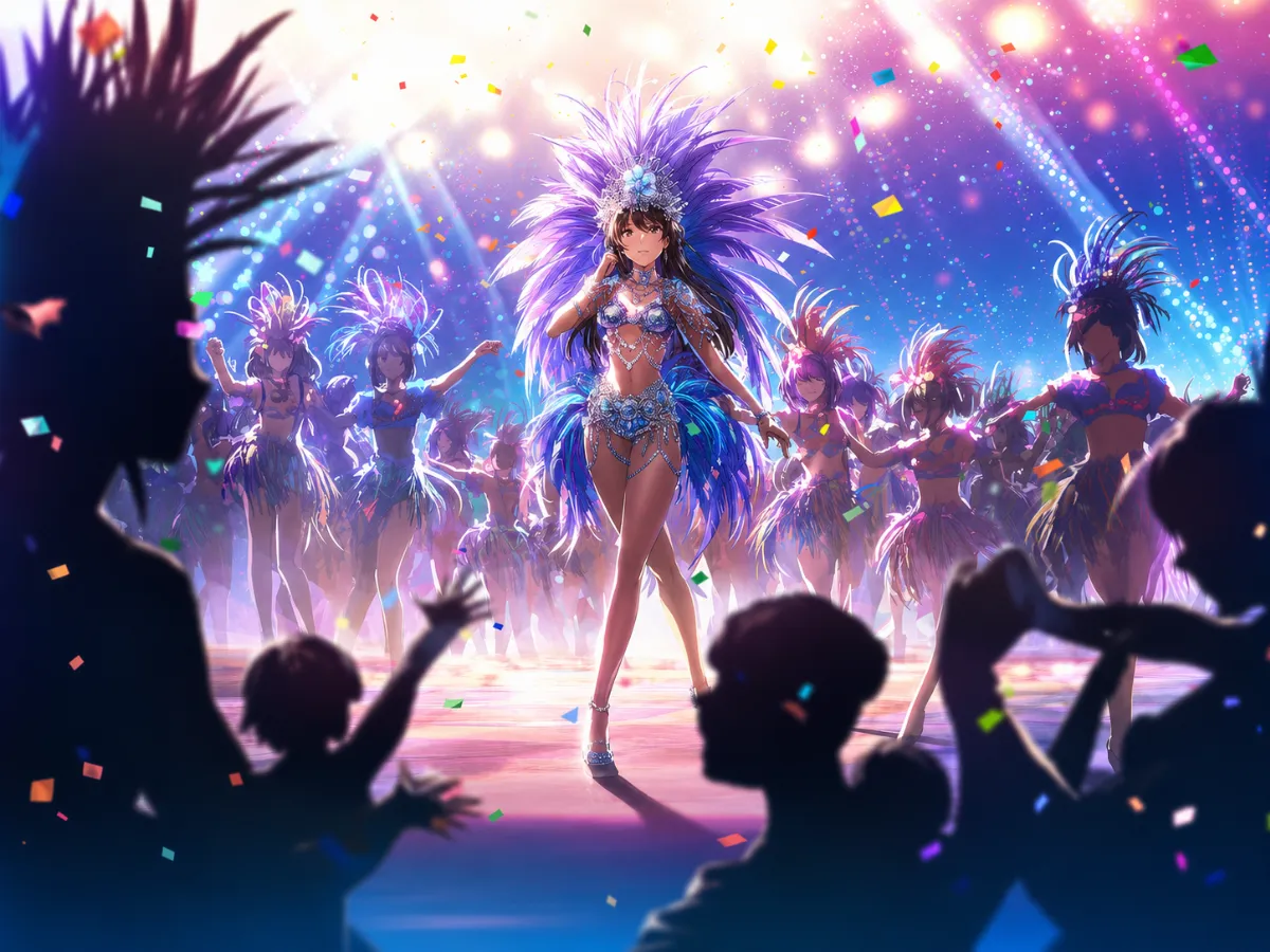 リオのカーニバル・ダンスチームによるダンスシーンを表現したAIイラスト作例