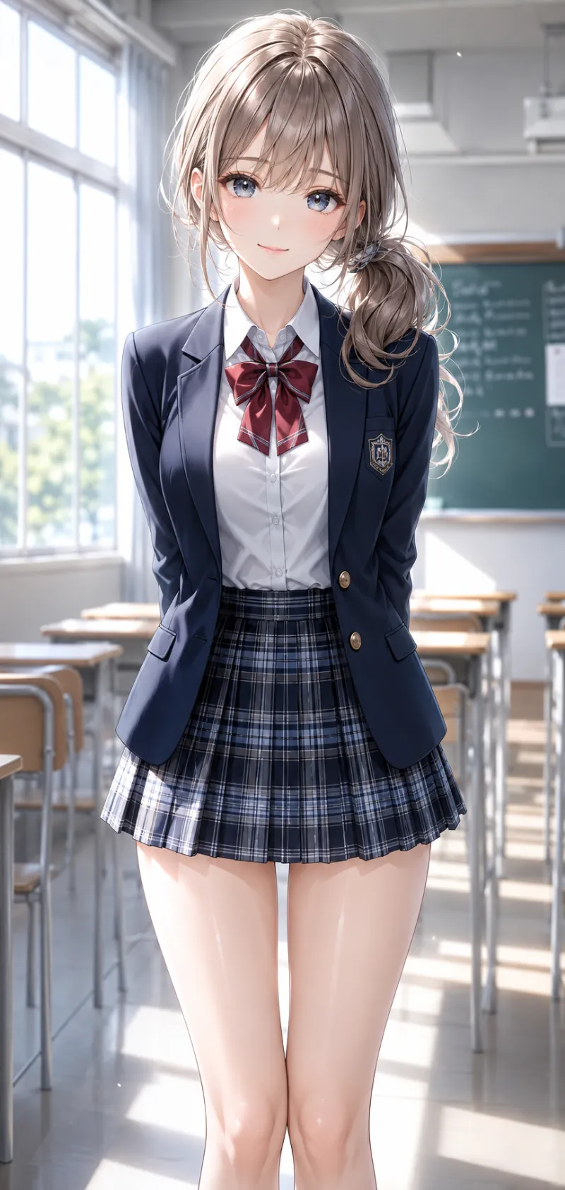 ブレザー制服 女子 ネイビー チェック柄スカート リボンのAIイラスト|GPT Image 2.0