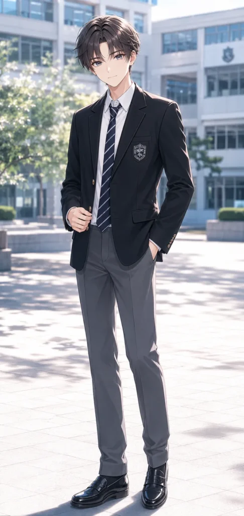 ブレザー制服 男子 黒ブレザー ネクタイ グレースラックスのAIイラスト|GPT Image 2.0
