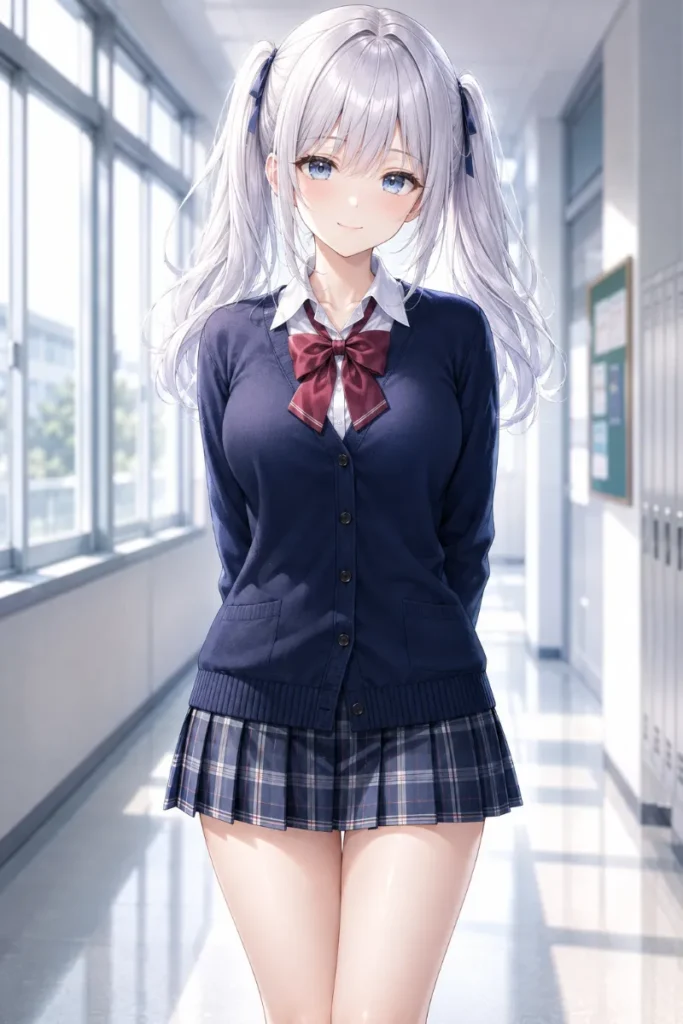 制服 女子 カーディガン ネイビー チェック柄スカート リボンのAIイラスト|GPT Image 2.0