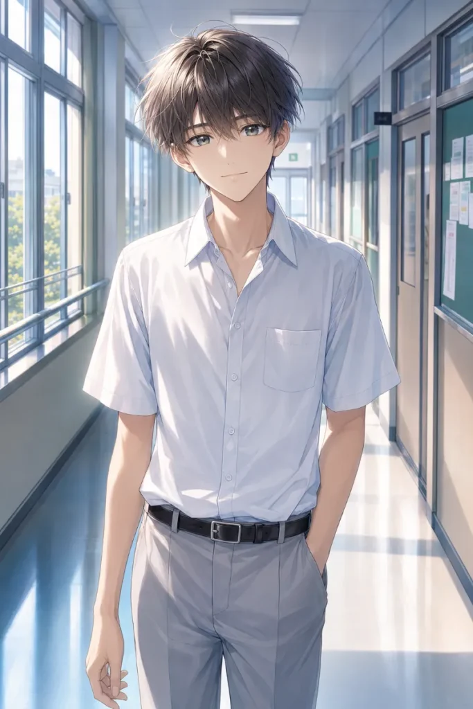 制服 男子 開襟シャツ 夏 グレーパンツのAIイラスト|GPT Image 2.0