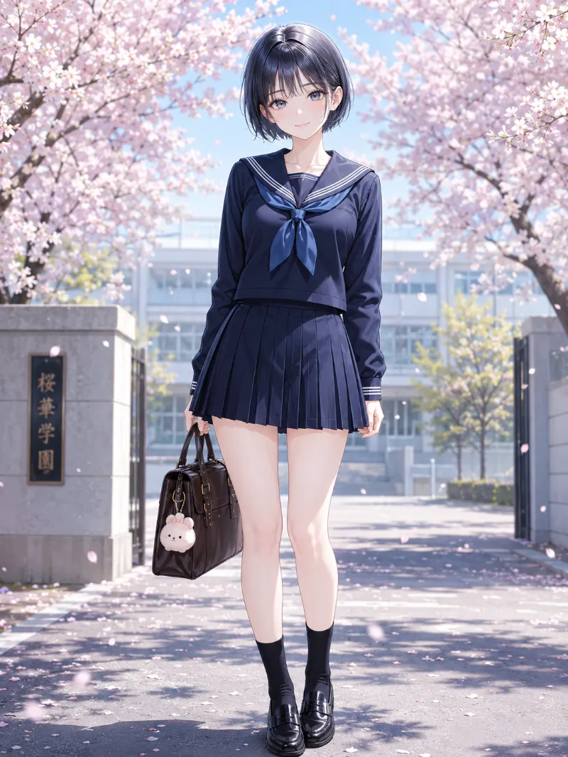 ぬいぐるみチャーム付き春のセーラー服コーデのAIイラスト|GPT Image 2.0