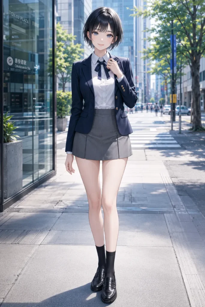 制服 東京風 ブレザー グレースカート 細リボンのAIイラスト|GPT Image 2.0