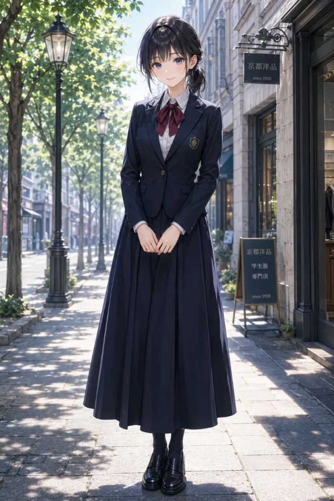 制服 関西風 クラシック ロングスカート エンジリボンのAIイラスト|GPT Image 2.0