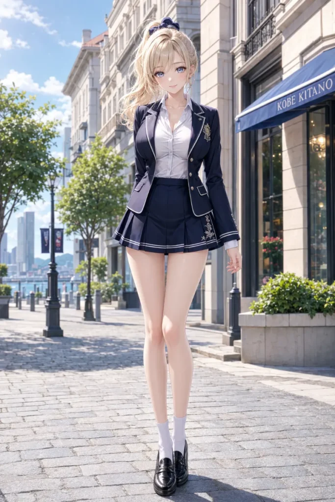 制服 神戸風 ブレザー 白ライン 刺繍付きのAIイラスト|GPT Image 2.0