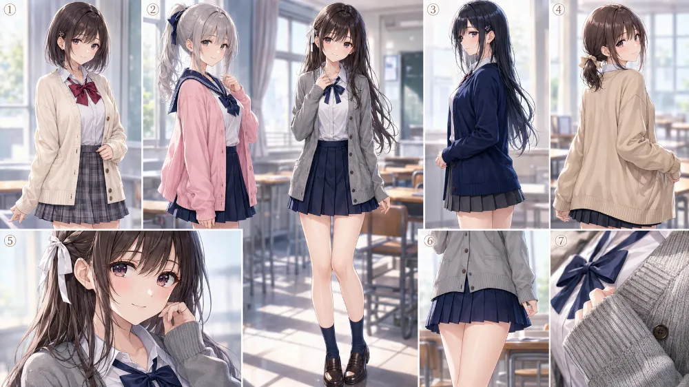 学校制服とカーディガンのコーデのAIイラスト|プロンプト紹介