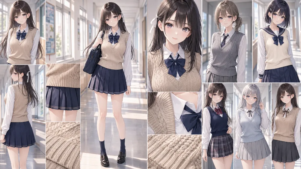 学校制服とニットベストのコーデのAIイラスト|プロンプト紹介