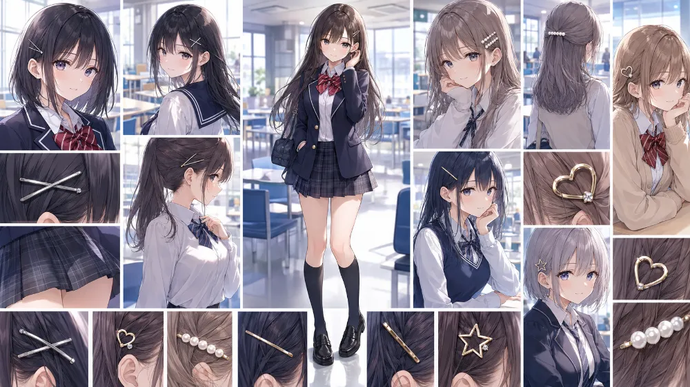 学校制服とヘアピンの組み合わせのAIイラスト|プロンプト紹介