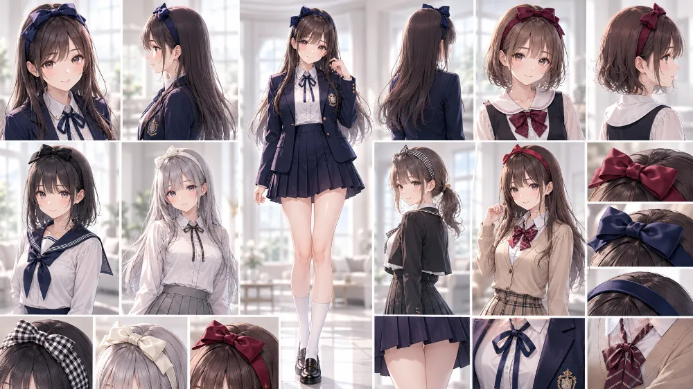 学校制服とリボンカチューシャの組み合わせのAIイラスト|プロンプト紹介