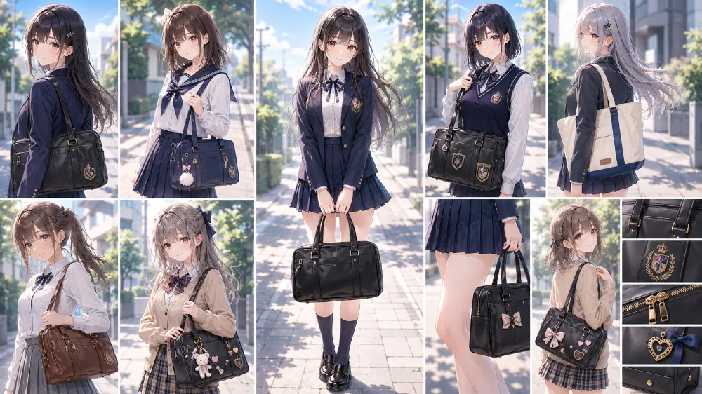 学校制服と通学バッグ(手提げ)の組み合わせのAIイラスト|プロンプト紹介