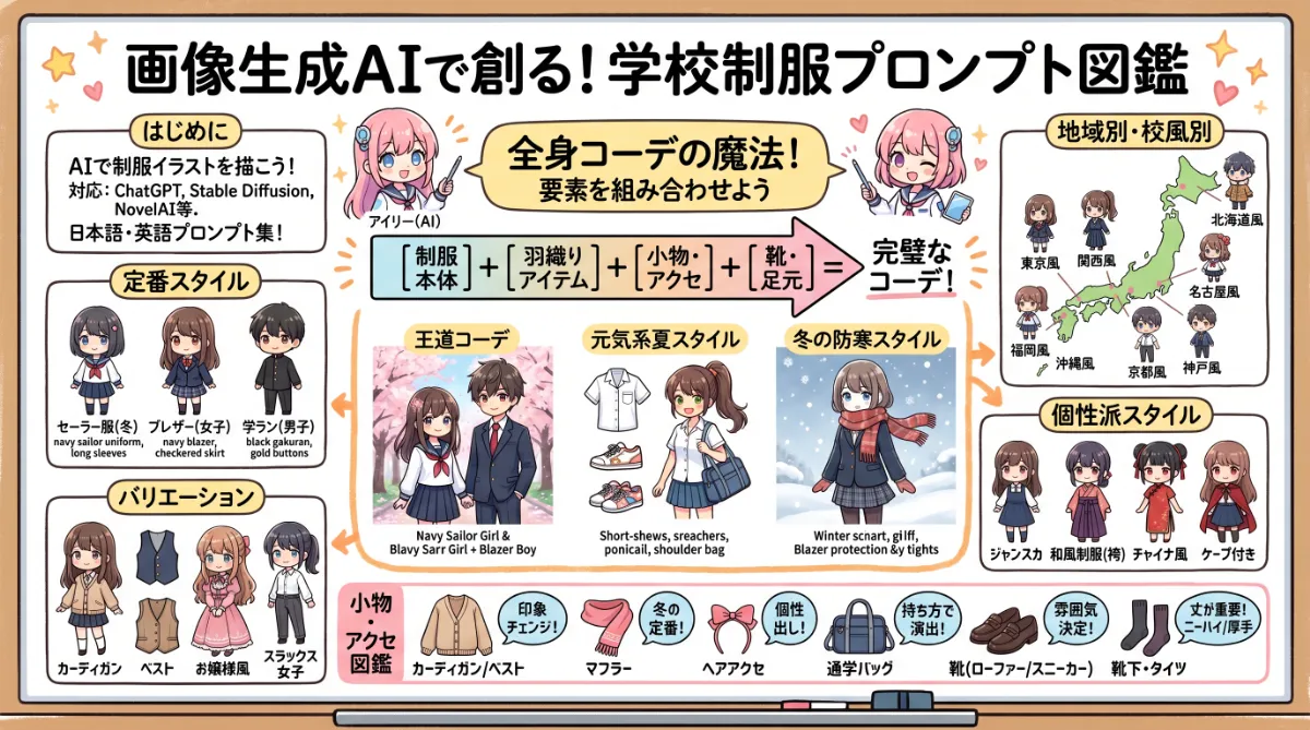 学校制服のプロンプト図鑑(セーラー服・ブレザー・学ランほか)のまとめ用の図解イラスト