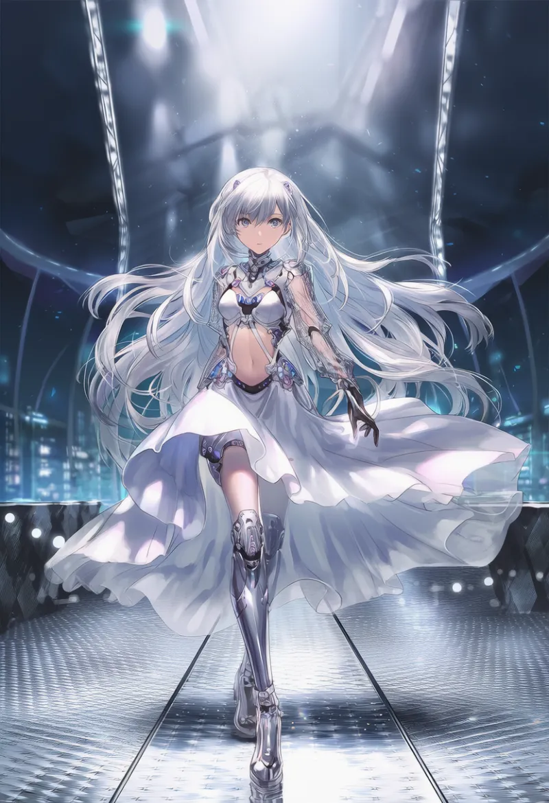 シルバーの光沢床のAIイラスト｜ファッションショー・ランウェイのプロンプト紹介