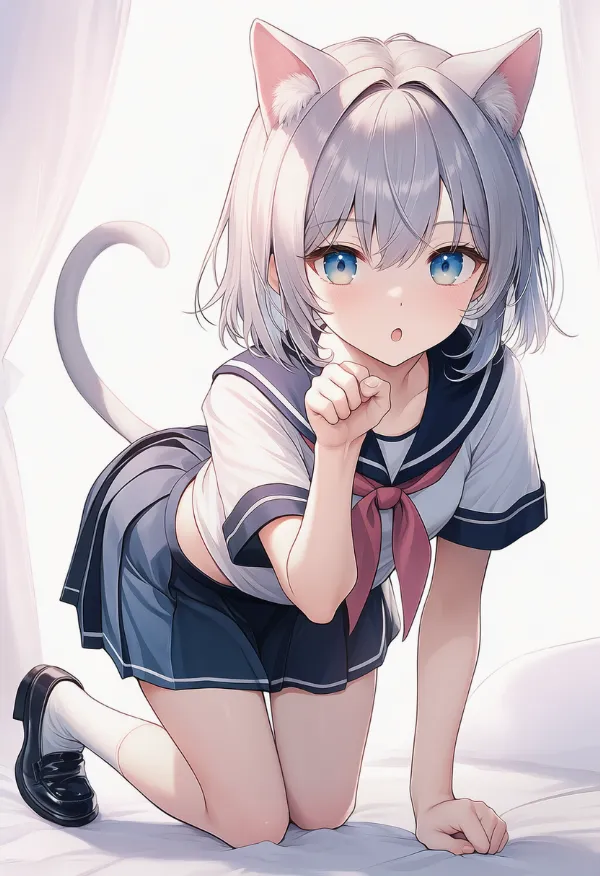 四つん這いでニャーのポーズをしているAIイラスト｜プロンプト紹介