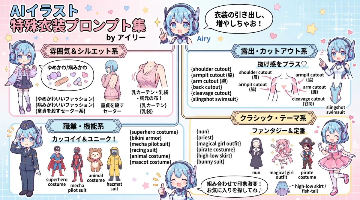 特殊な服・衣装（あまり知られていない）のプロンプト集のまとめ用の図解イラスト（グラレコ）