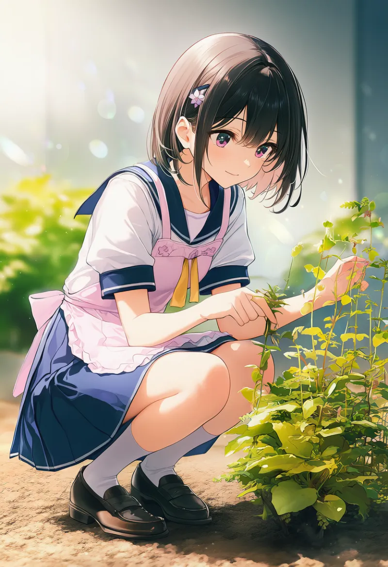 しゃがむ姿勢のAIイラスト（ガーデニング）｜プロンプト紹介