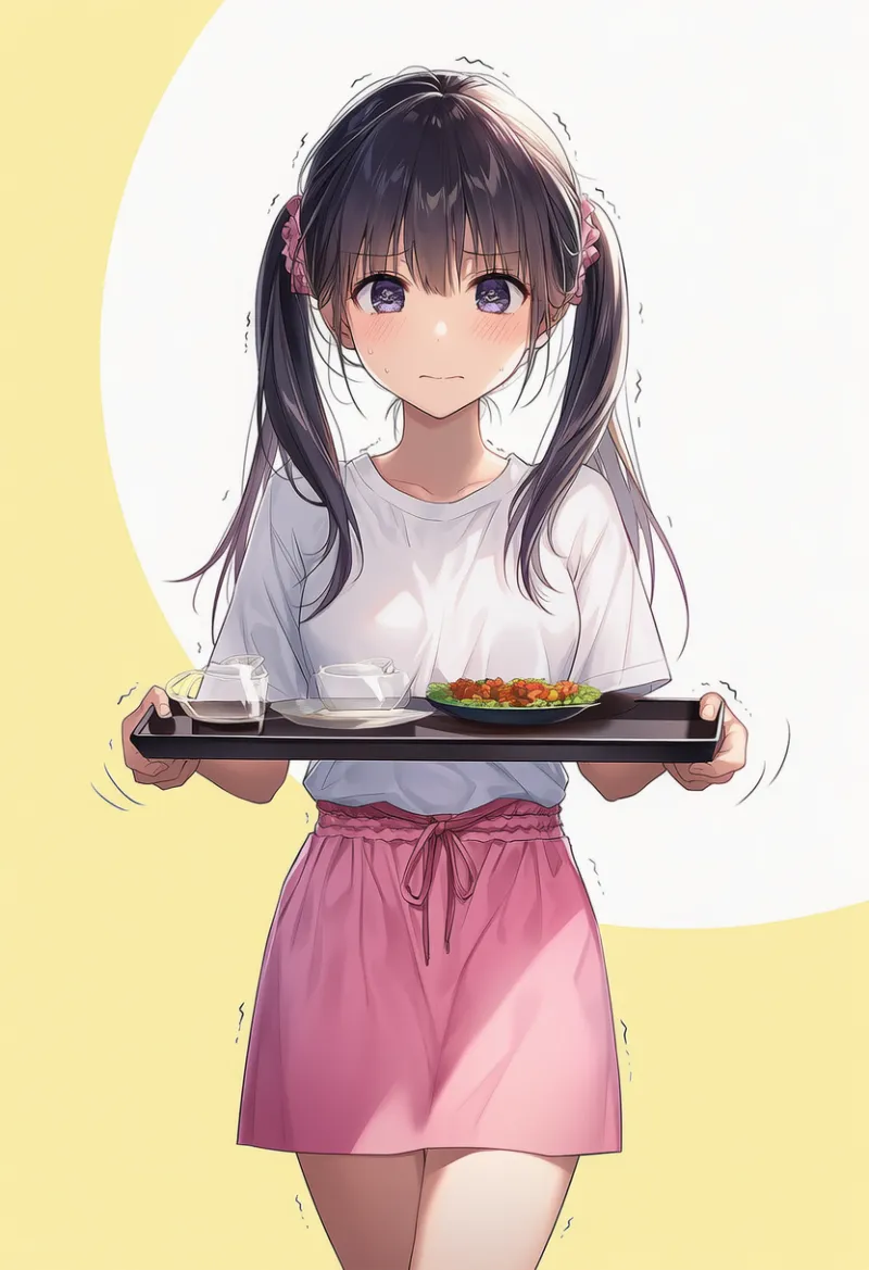クネクネしながらトレイを持つポーズのAIイラスト｜プロンプト紹介