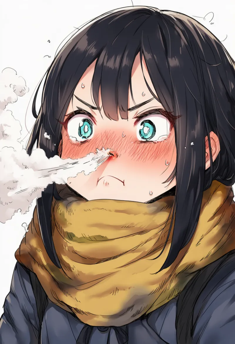 鼻から蒸気を吹き出す表現のAIイラスト｜プロンプト紹介