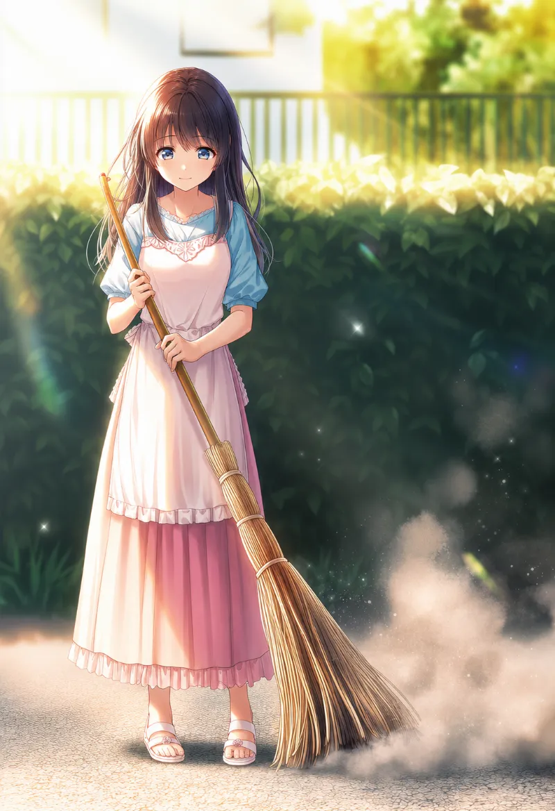 玄関先で箒を持って掃き掃除をする美少女のAIイラストの作例