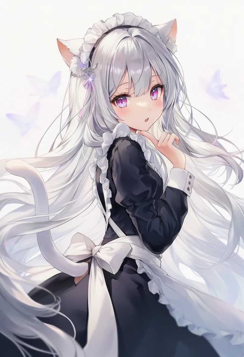 猫耳少女の尻尾が服を突き抜けている（服に穴が開いていて尾が直接出る状態）のAIイラスト｜プロンプト紹介
